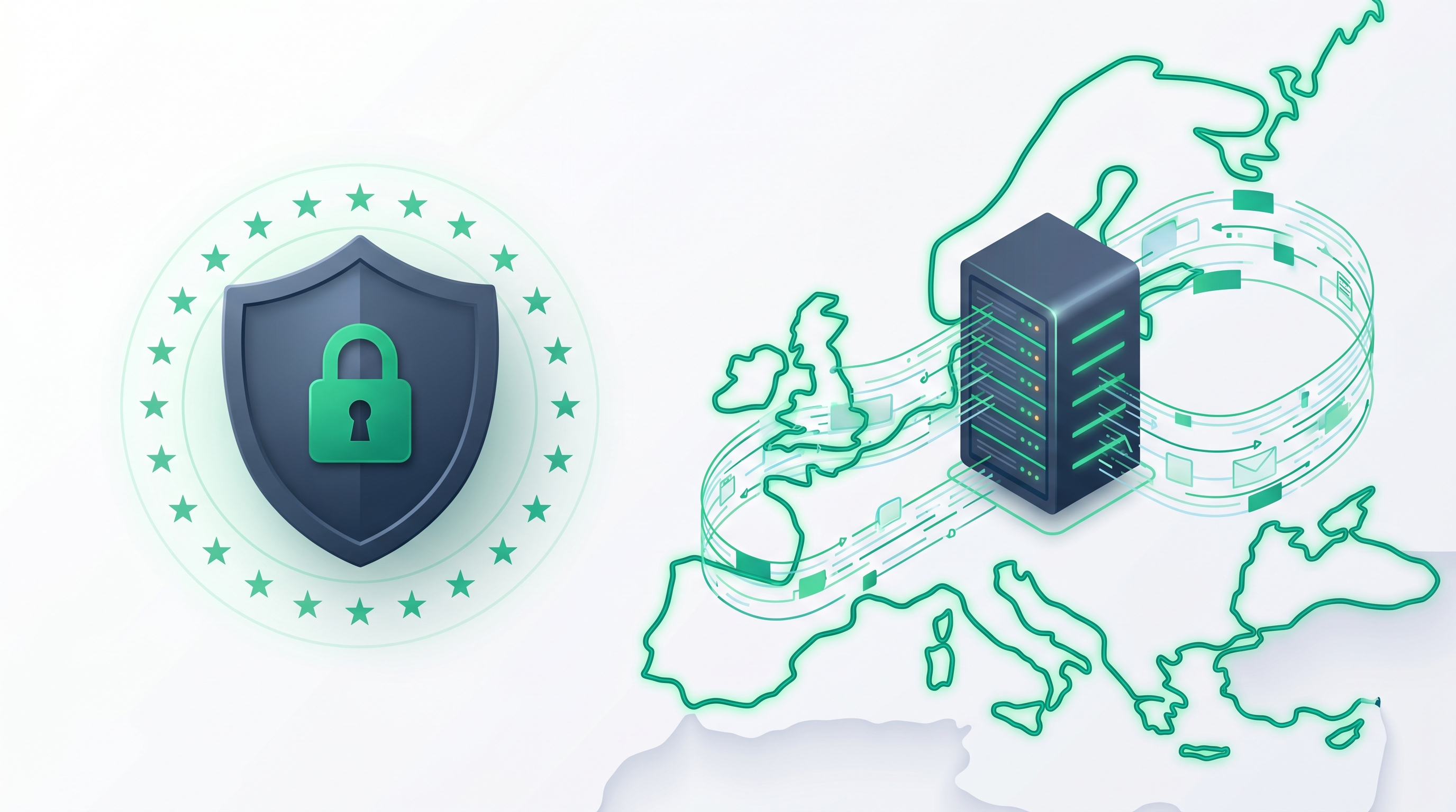 Schild met slot, omringd door een Europese sterrencirkel, en een datastroom die binnen de EU-grens blijft