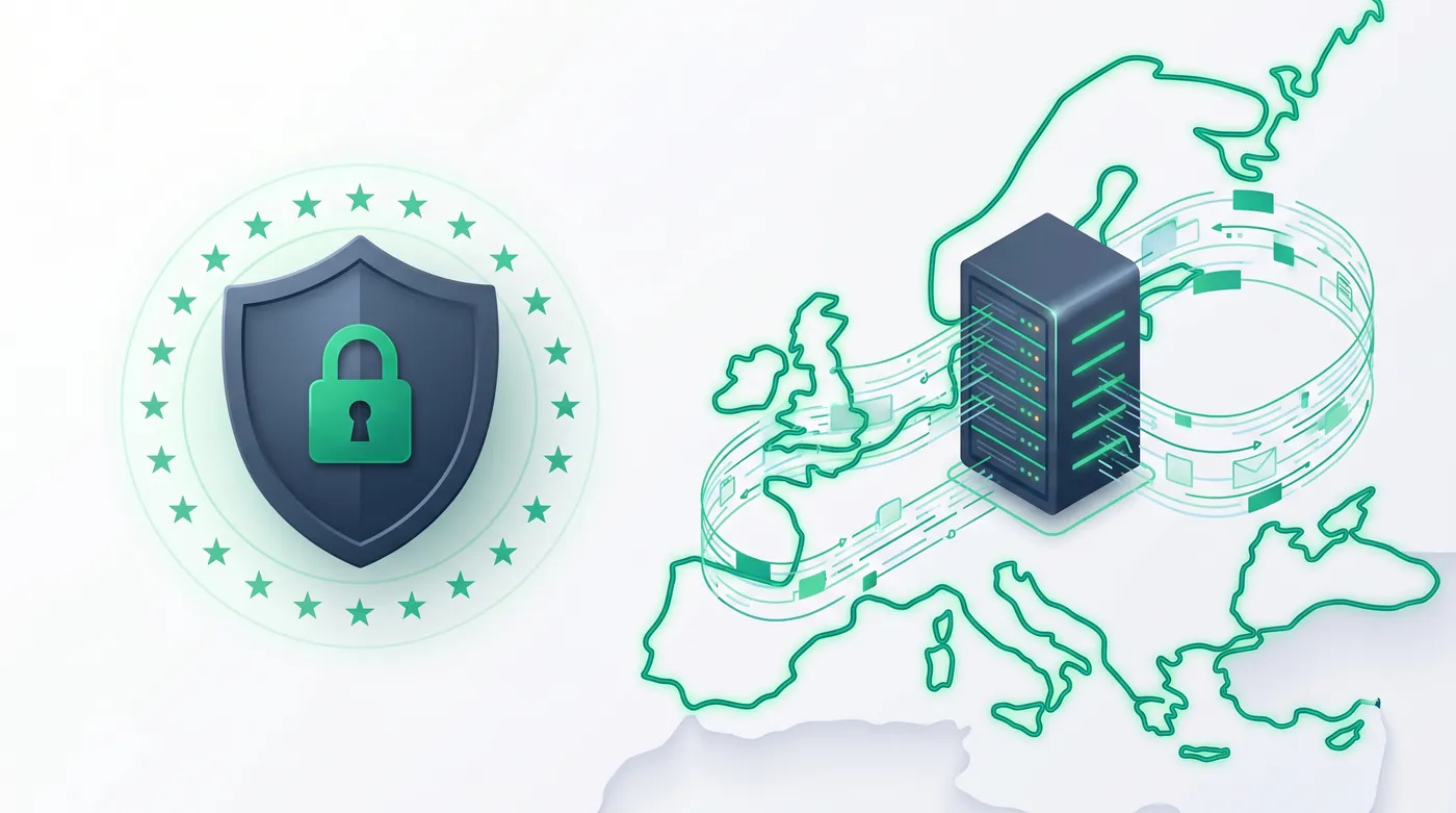 Schild met slot, omringd door een Europese sterrencirkel, en een datastroom die binnen de EU-grens blijft